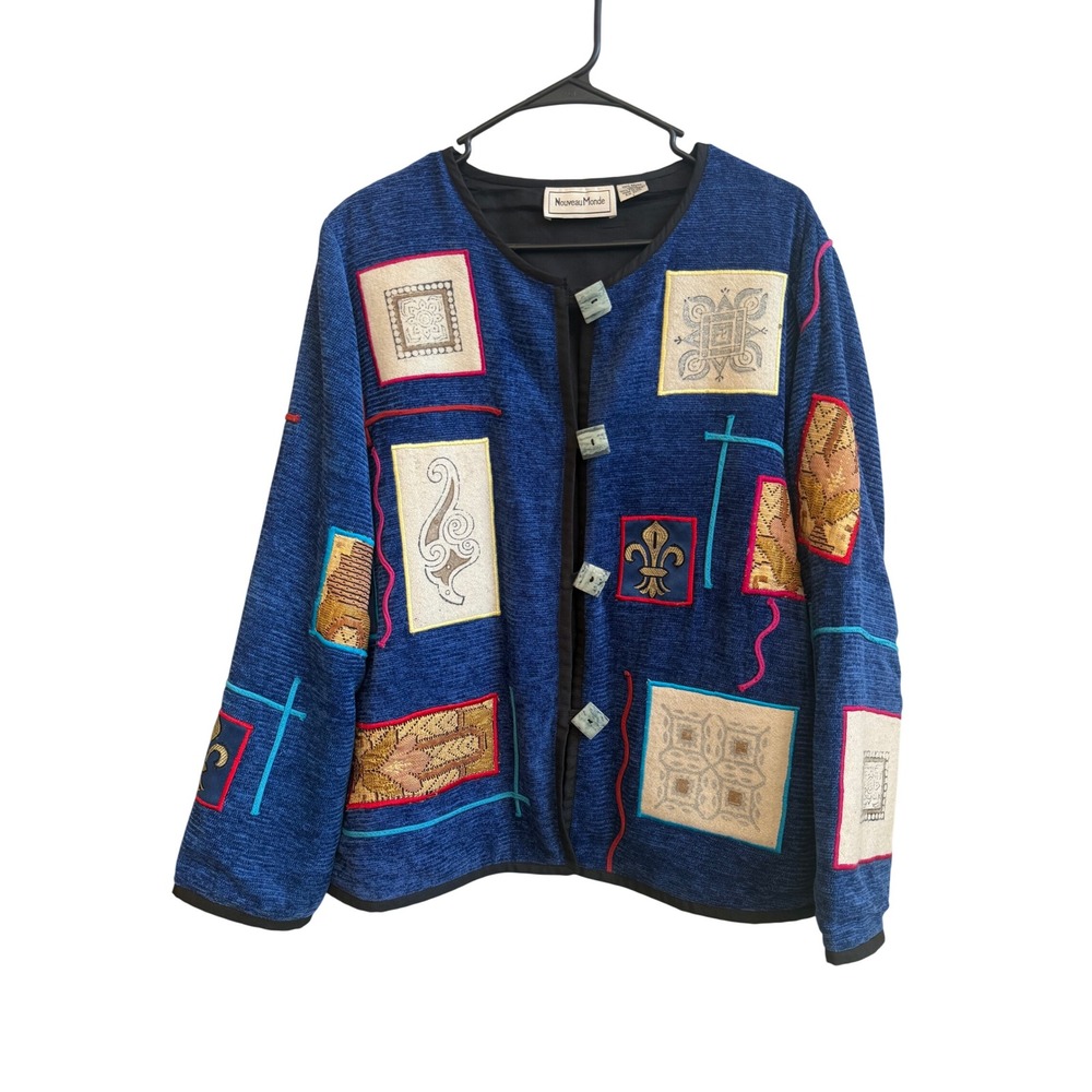 Nouveau Monde Vintage Blue Art to Wear Embroidered Patchwork Jacket Womens L